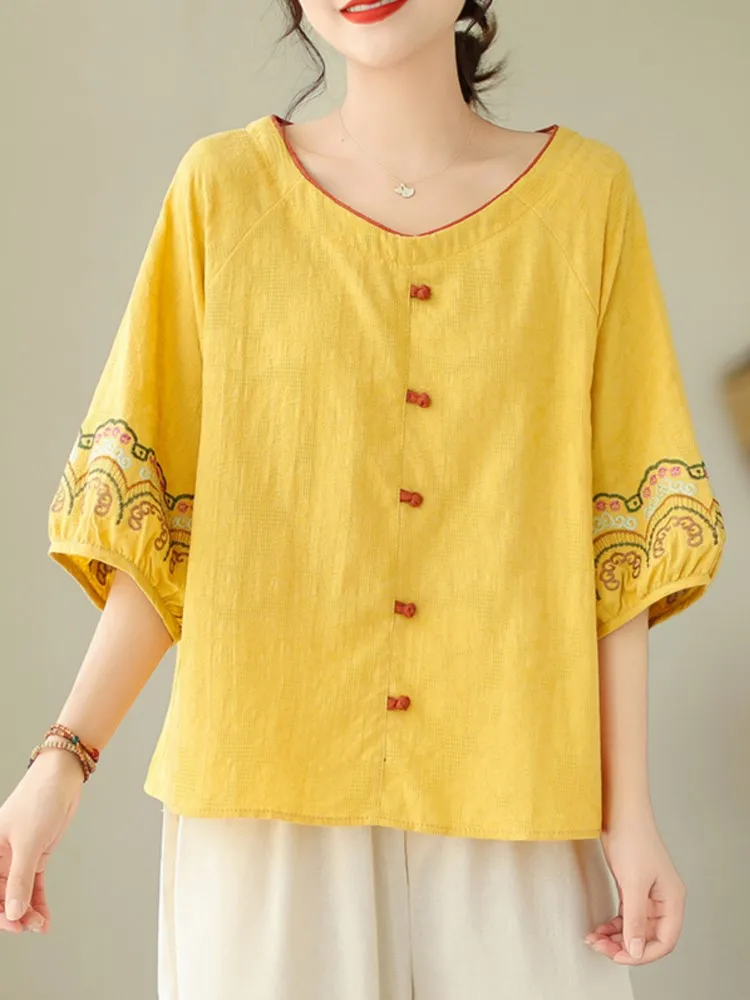 Oversized Summer Pullover T-Shirt Tops Women Embroidery Modis Chinese Style Ladies Blouses Lantern Short Sleeve Loose Woman Tops