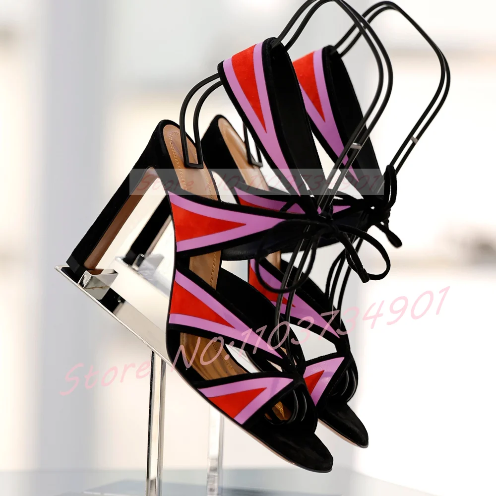 Sandalias de tacón fino con diseño de retazos en rojo y rosa, para mujer, con correa en la parte trasera, cordones, lazo en el tobillo, de ante, con punta redonda abierta, sandalias de tacón alto para vestir, de estilo sexy.