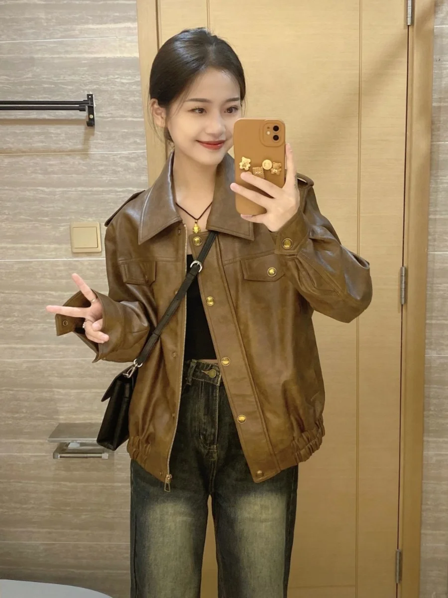plus Size PU Leather Cardigan Women's Spring Autumn Casual Versatile Fat MM Coffee Color Short Outerwear Trendy Commute Style
