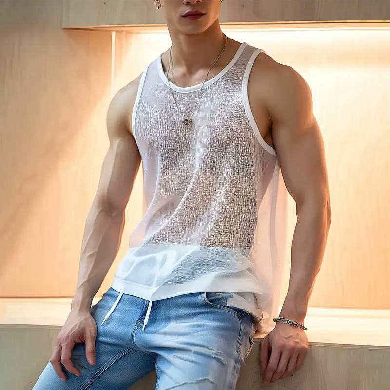 Letnia męska luksusowa dzianinowa moda Transparet Tank Tops O Neck Sleeveless Mesh Sexy Solid Color Vest Breathable Party Men Clothing