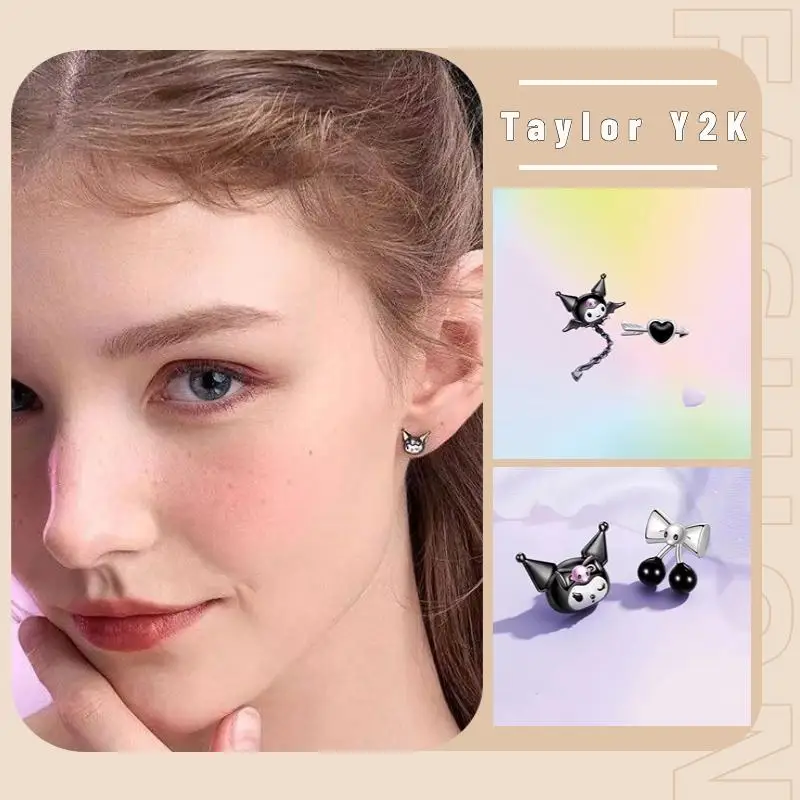 

Kawaii Sanrio Kuromi Earrings Anime Cartoon Y2K Girls 925 Silver Needle Advanced Asymmetric Angel Monster Ear Studs Friend Gift