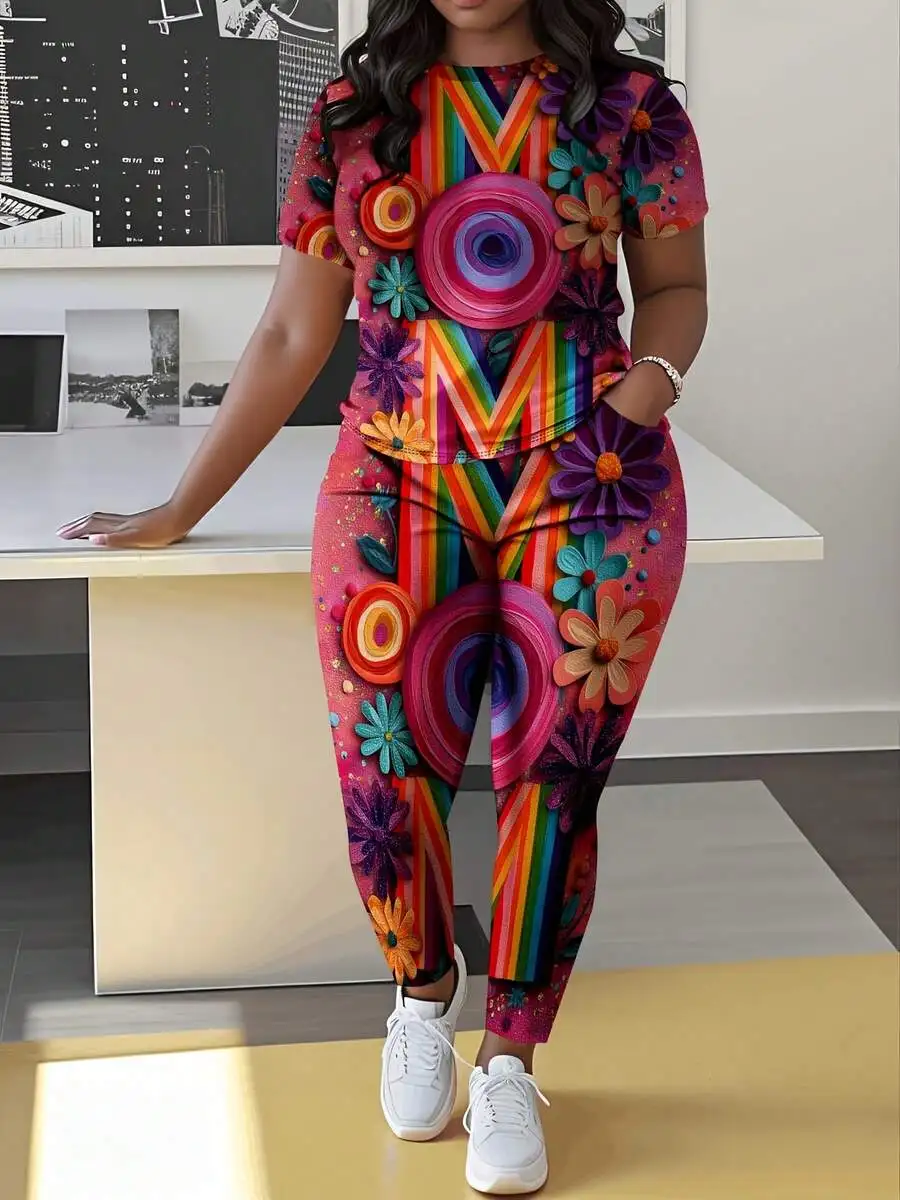 

Womens 3D Printed Short Sleeve Top And Long Pants Set Rainbow Floral Pattern Casual Two Piece Outfit