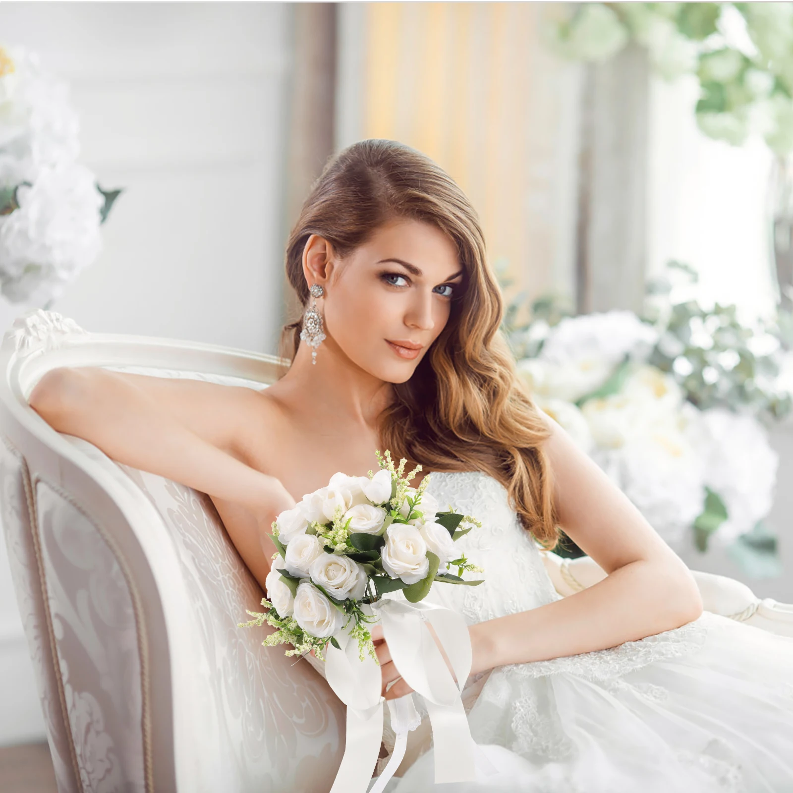 

Bride Bridesmaid Holding Flowers Bouquets White Roses Decor Artificial Wedding Flower Arrangement Props Elegant Bridal for Bride