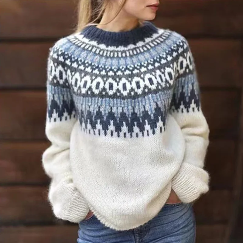 Women O Neck Rib Knitted Top Pullover Winter Long Sleeve Warm Cashmere Sweater Mujer Retro Jacquard Print Crochet Autumn Sweater