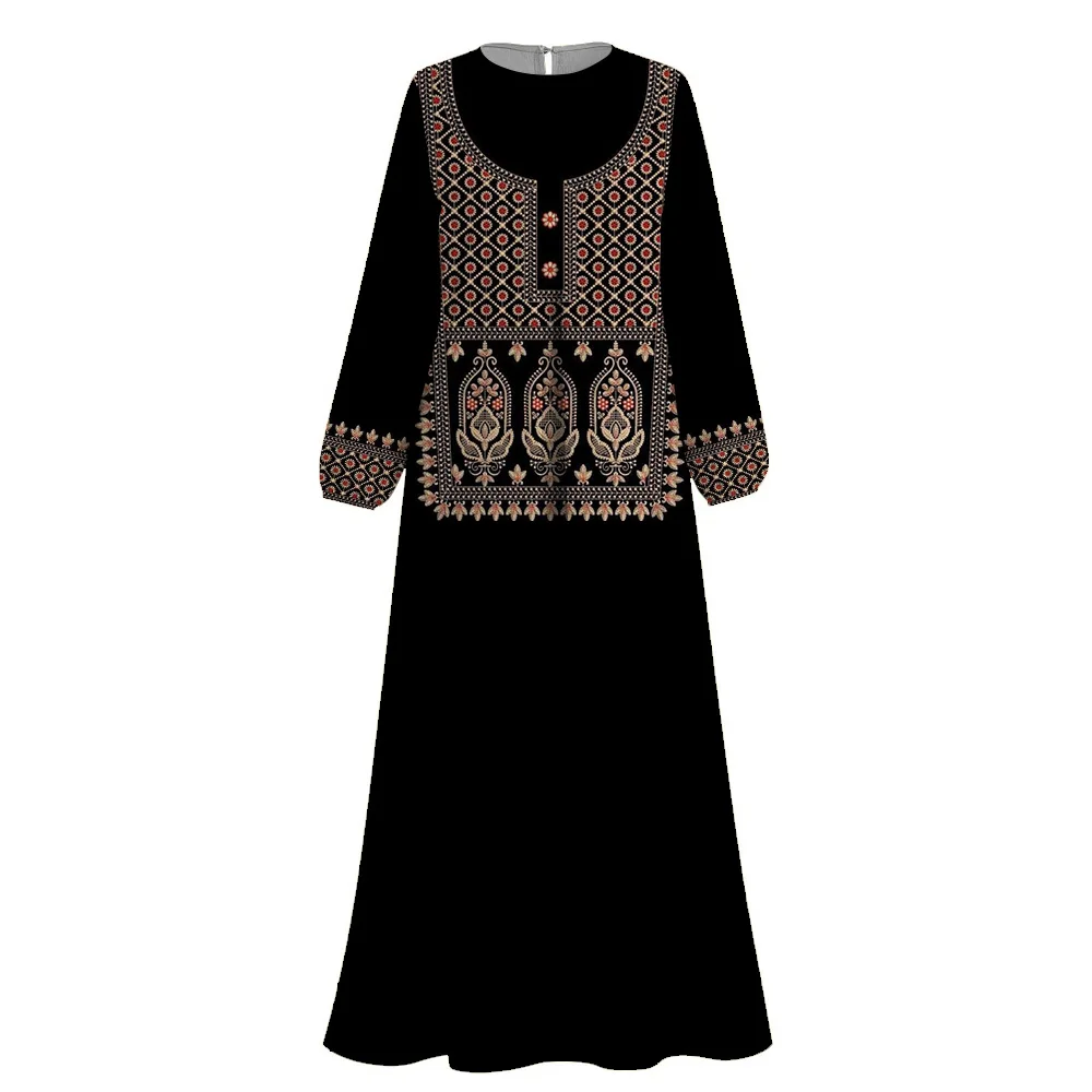 Elegance Femme Islamic Abaya Muslim Dress National style Print Abaya 2024 Dubai Turkey O-neck Long sleeve Abaya Islamic Dress