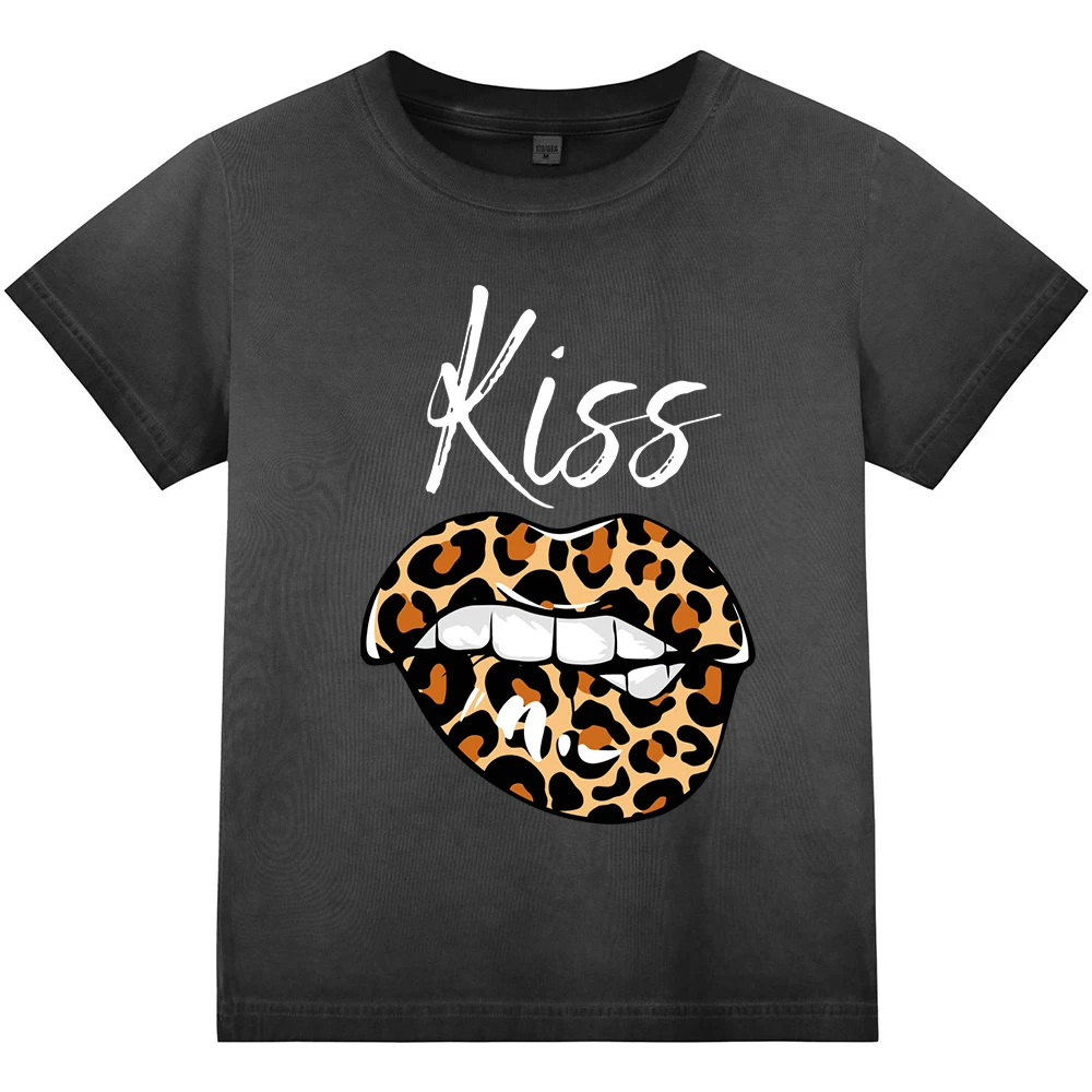 

Kiss Me Leopard Print Lips Printing Women Washed T Shirt Cotton Hip Hop Top Y2K Gradient Dyeing T-Shirts O-Neck Slim Streetwear