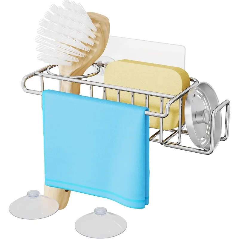 4 in 1 Sink Caddy Sponge Holder, SUS304 Stainless Steel Kitchen Brush Holder and Dish Cloth Hanger, Kitchen Organizers and Storage Essentials - Silver