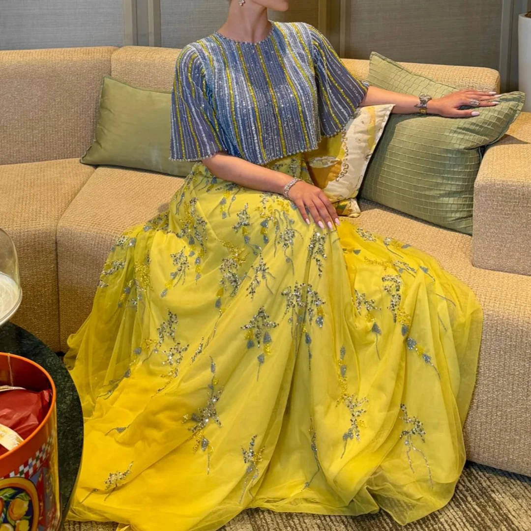 

Elegant Arabic Formal Wedding Party Prom Gown Luxury Dubai Blue Yellow Evening Dress Women Customized