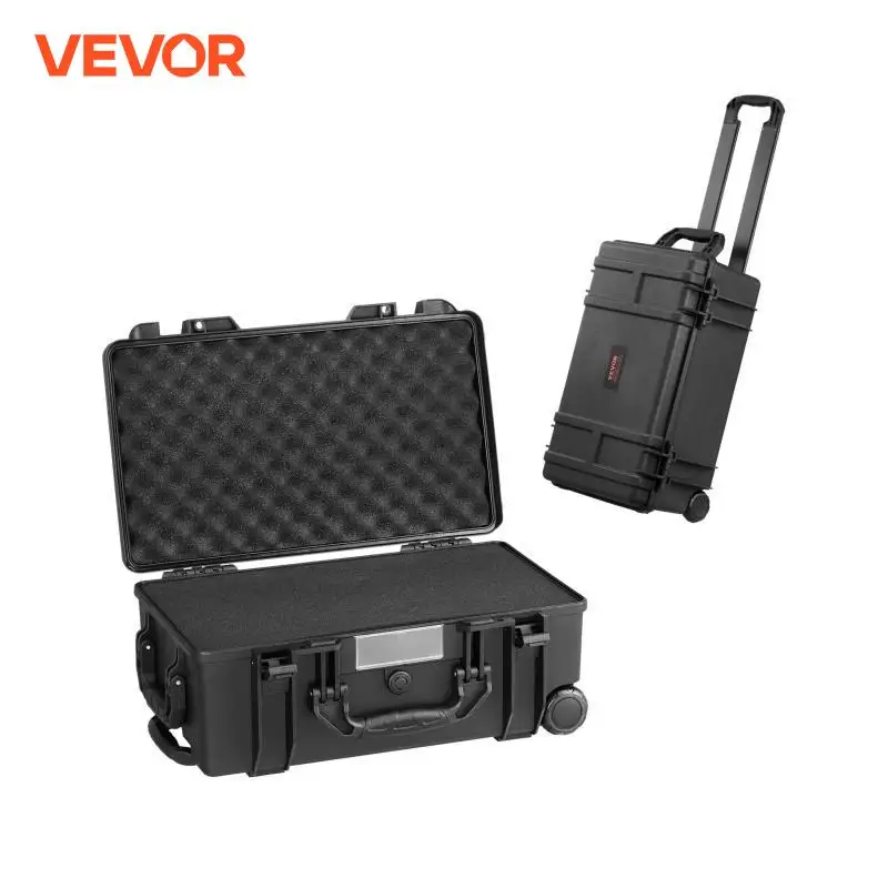 VEVOR Weatherproof Hard Case, Heavy Duty Protective Dry Box Case with Pre-cut Foam, Wheels & Retractable Pull Handles for Travel