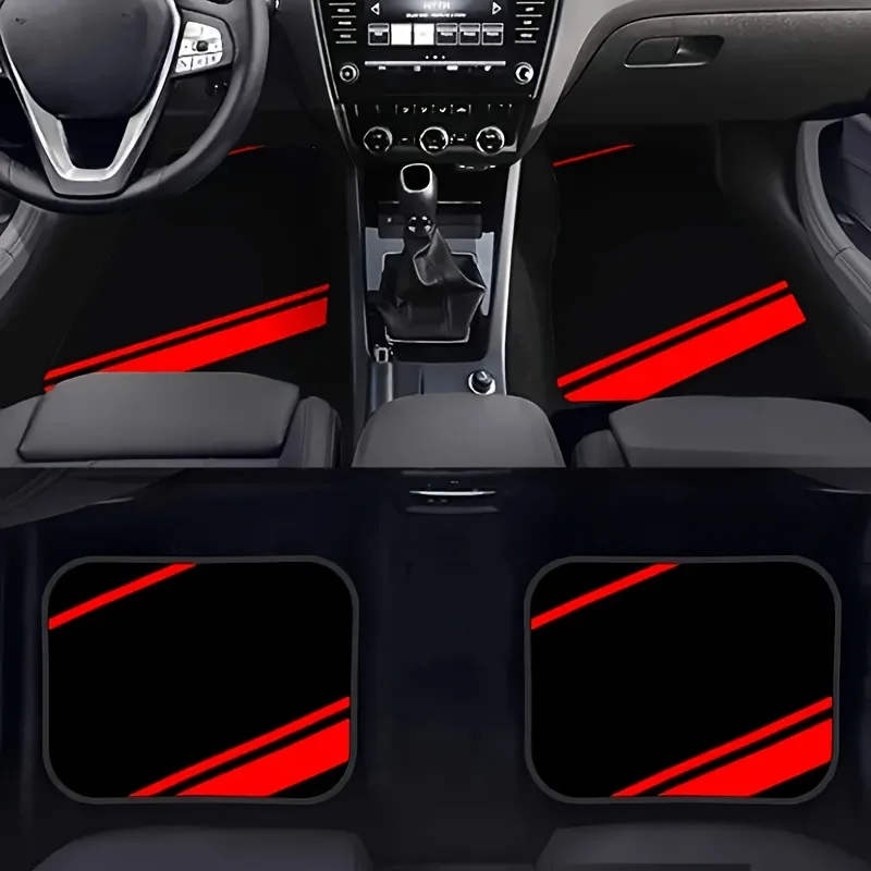 

4pcs Car Floor Mats Set, Red & Blue Stripes, Absorbent, Non-Slip, Washable Polyester - Ideal For All Seasons, Perfect Gift For M