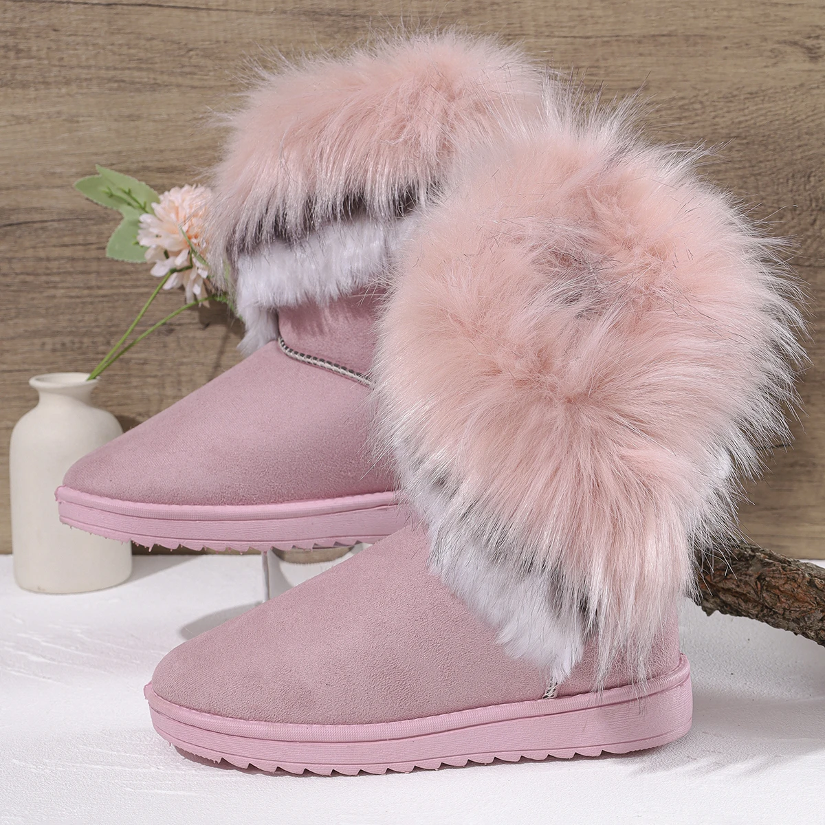 Damen-Winterstiefel bis zum Knie, mit Fell gefüttert, Baumwollschuhe, Freizeit-Flachschuhe, runde Zehen, Gummisohle, einfarbig – Detail 10