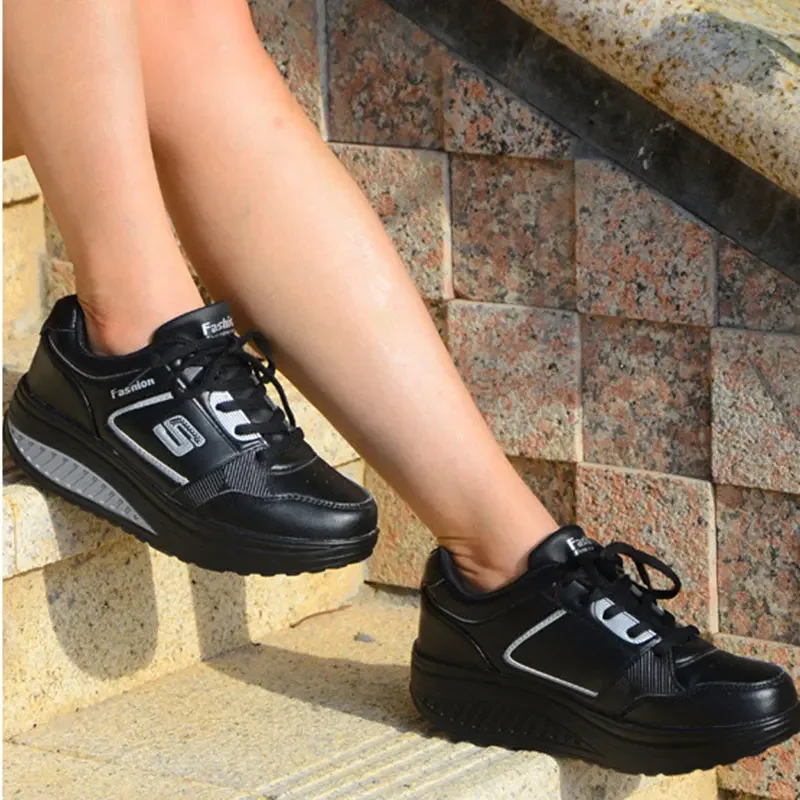 Women Breathable Toning Shoes Platform Wedge Fitness Slimming Shoes Laides Girl Thick Bottom Swing Sneakers Jogging Footwear