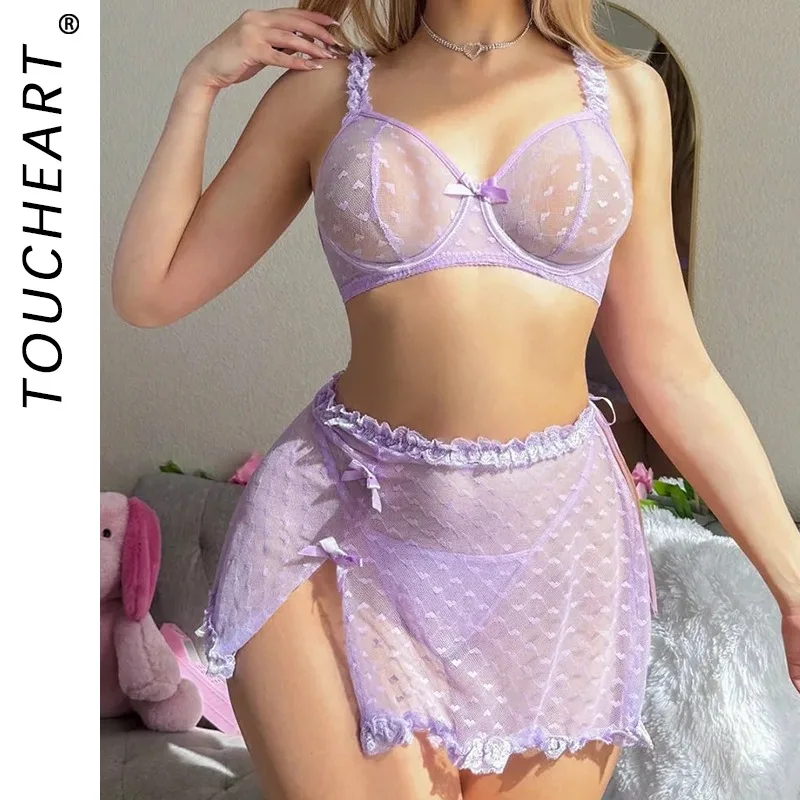 

Toucheart Lace See-through Sexy Underwear Patchwork Set Slim Hollow Out Backless Plunge Solid Color Mesh Interesting Underwear