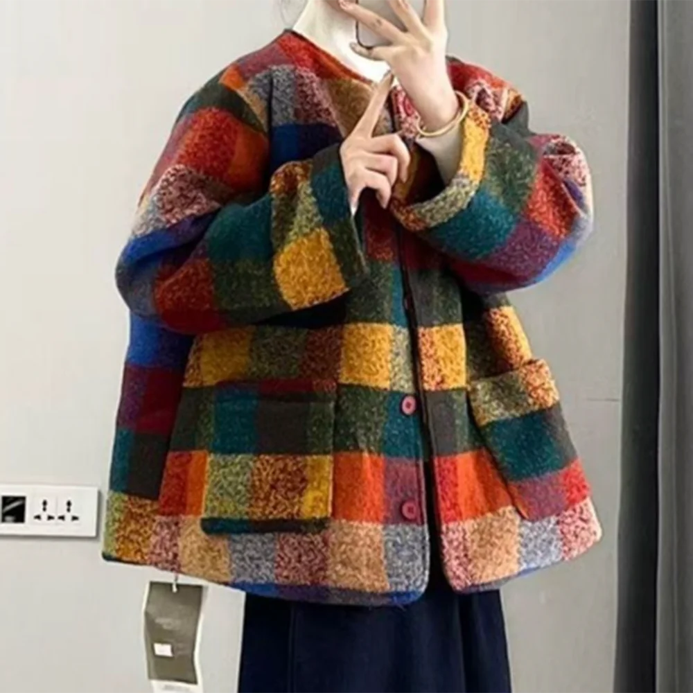 Padded jacket autumn and winter with Korean retro niche color plaid warm woolen coat British style   harajuku