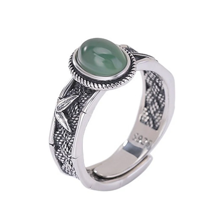 Mewanry Vintage Egg-shaped Stone Adjustable Rings For Women Bamboo Leaf Weave Simple Chinese Style Trendy Finger Rings Jewelry