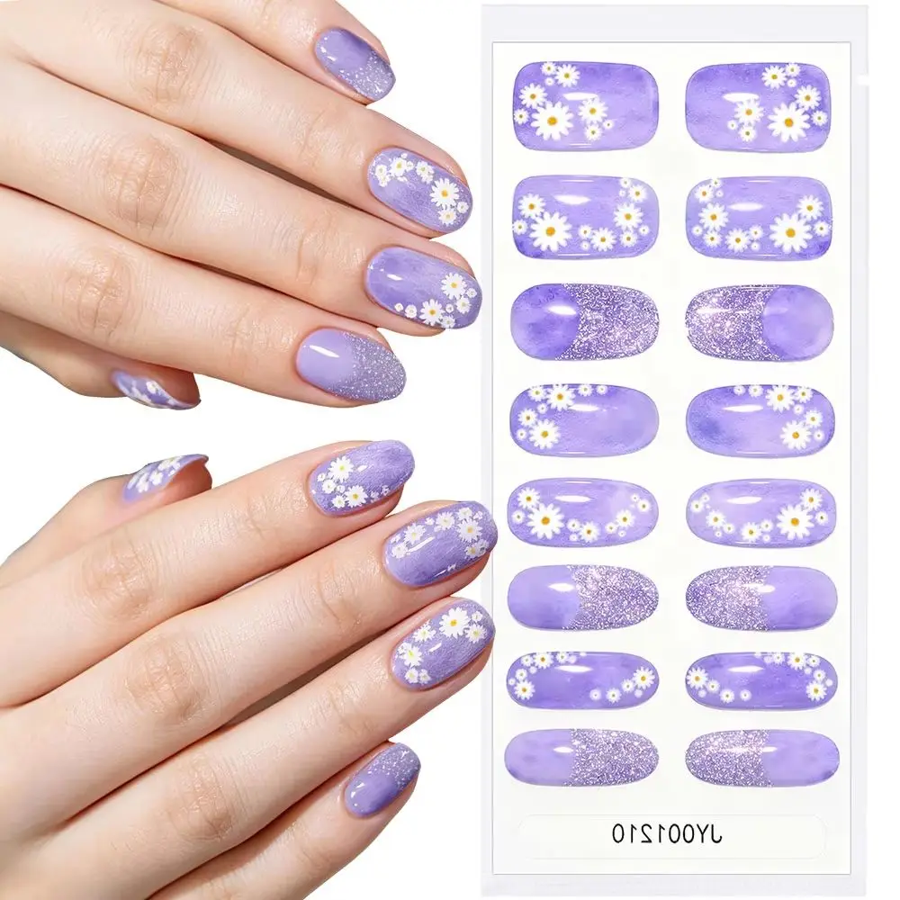 16tips Cute Mini White Daisy Nail Strips Stickers Elegant Purple Glitter Nail Full Wraps Self-Adhesive Summer Daisy Nail Decor @