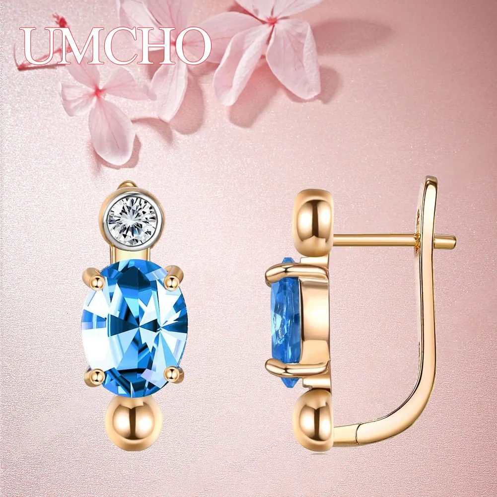 

UMCHO Romantic Vintage Copper Artificial blue Zircon Oval Stone Rose Gold Color Women Earrings simple atmosphere lady Earrings