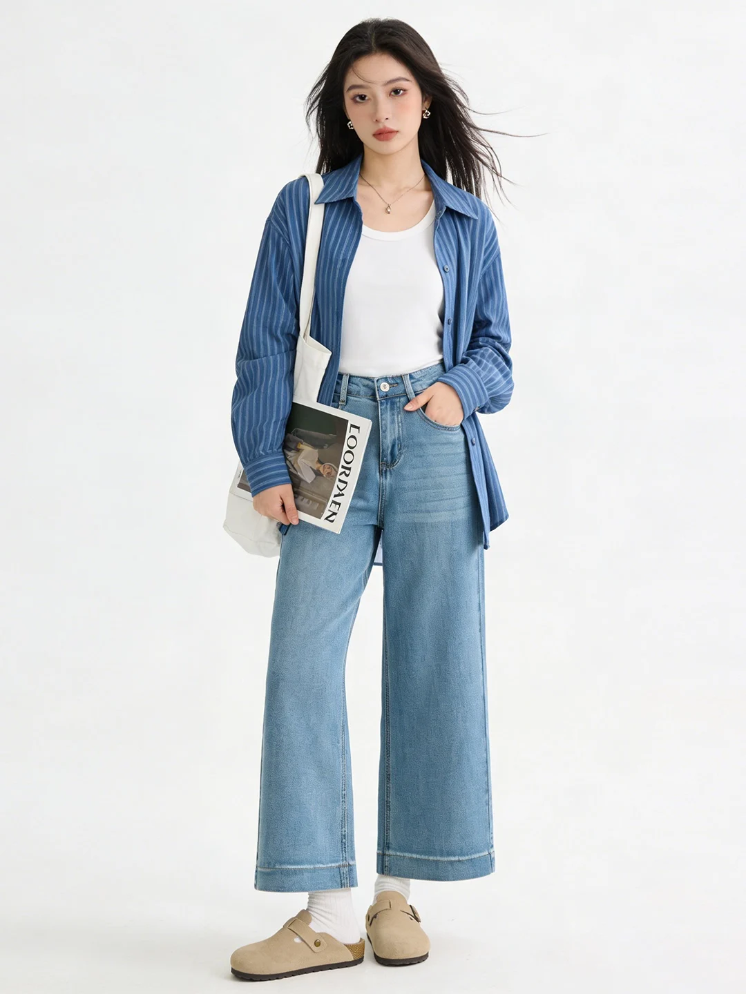 

Джинсы с высокой талией, прямые, облегающие, светло-голубые, из денима, в корейском стиле, весенние, новые, простые, универсальные, укороченные (7/8)