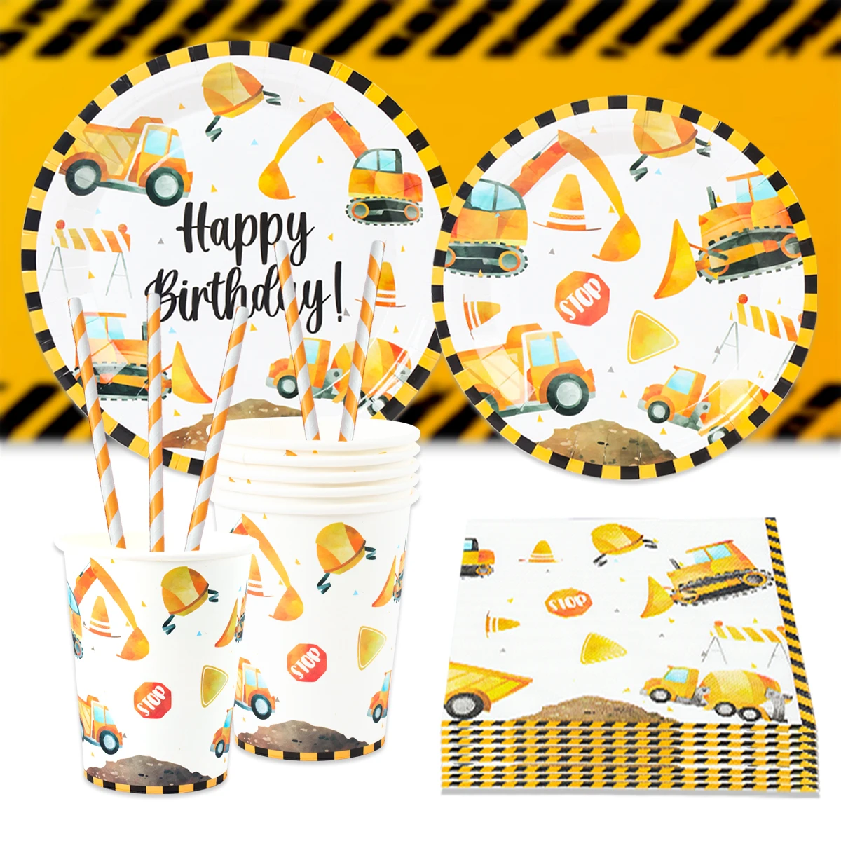 Construction Party Disposable Tableware Birthday Decoration Boy Baby Shower Excavator Truck Tractor Construction Birthday Decor