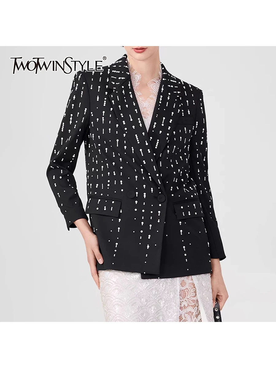 

TWOTWINSTYLE однотонные свободные модные куртки из бисера для женщин с лацканами и длинными рукавами в стиле пэчворк на пуговицах темпераментная женская куртка