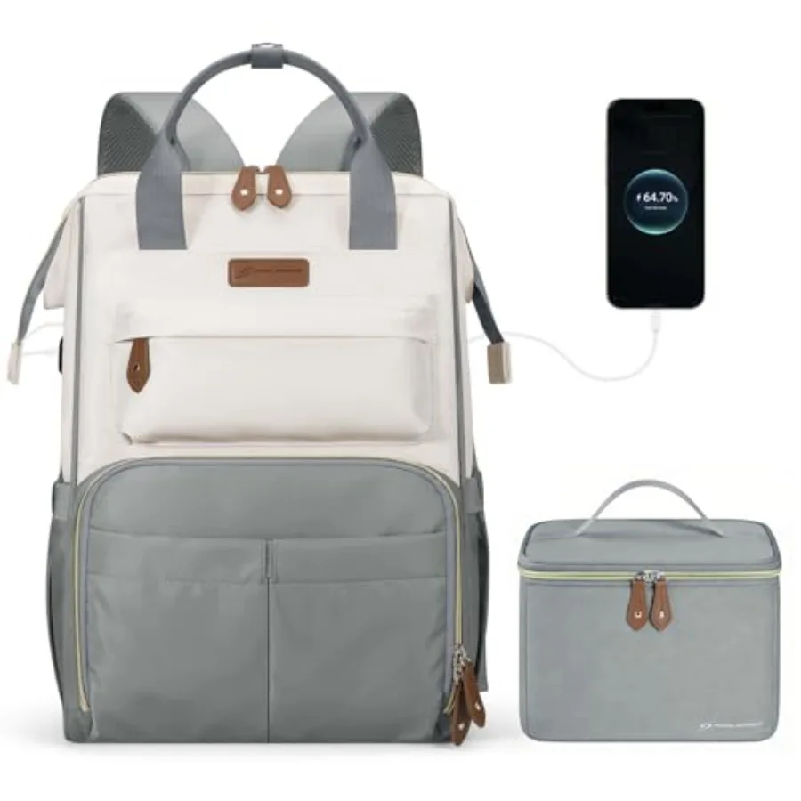 

Travel Backpack for Women Men Laptop Backpack Fits 15.6-17.3 Inch Laptop Nurse Work Bag with Insulated Lunch Box Gray beige