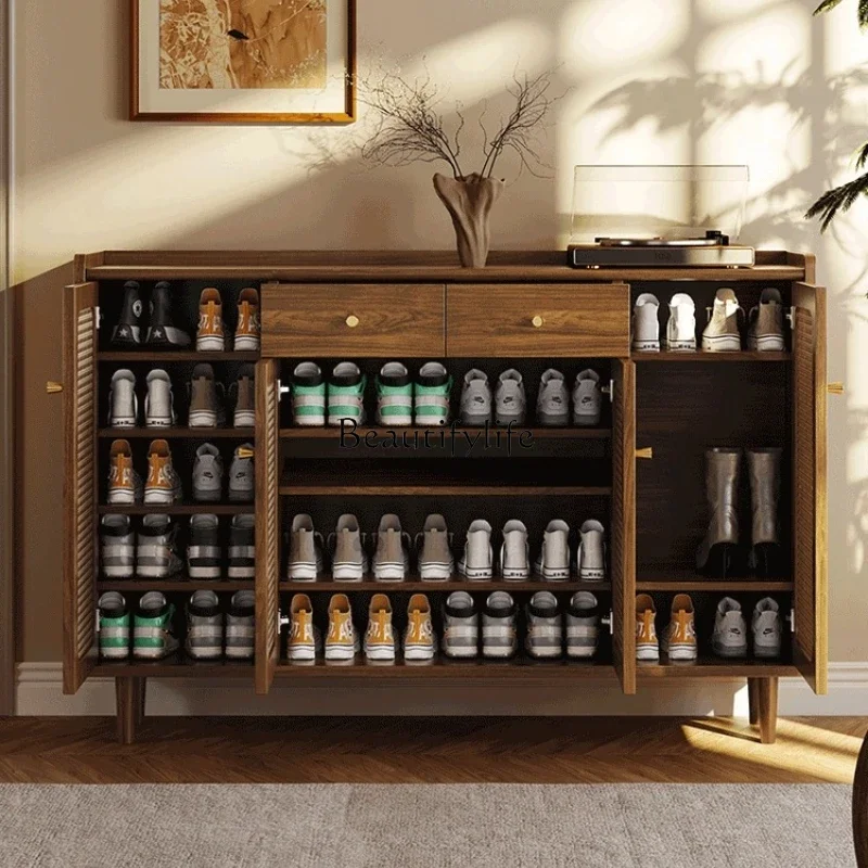 

6Rattan shoe cabinet Solid wood frame Household door seat entrance cabinet