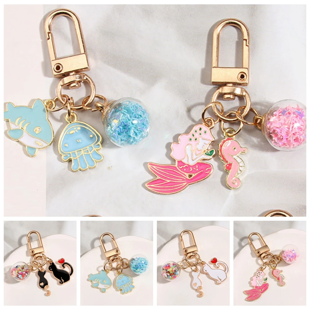 

Colorful Pendants Cat Metal Key Ring Jewelry Charms Cartoon Enamel Keychain Mermaid Metal Cat Couple Keychain Friend
