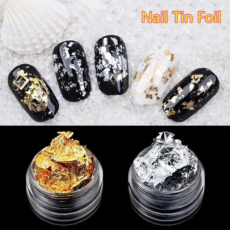 

1 Box Gold Silver Glitter DIY Nail Foil Sticker Gel Adhesive Glue Image Transfer Paillette Flake Full Cover Decal Decor