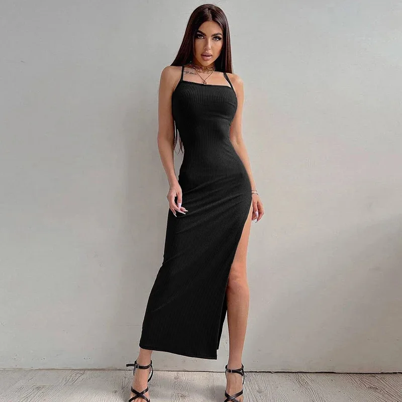 Women's summer sexy black long tight square neck backless dress with threaded suspender and sleeveless slit party dress