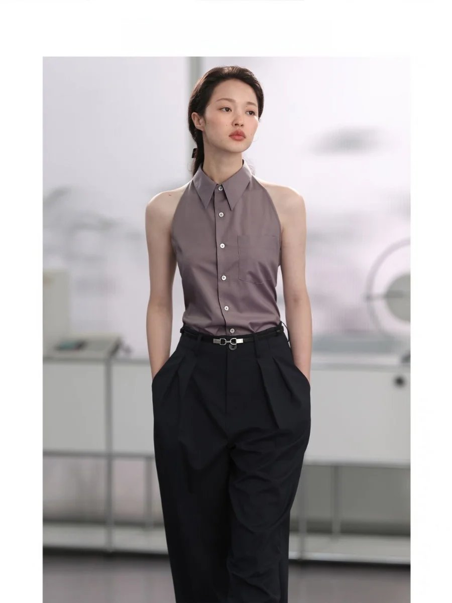 White Svel Ne Hanging irt صيف 2024 تصميم قاعدة الطبقة العلوية الكورية Sle فضفاضة تناسب زر التفاصيل مزيج البوليستر