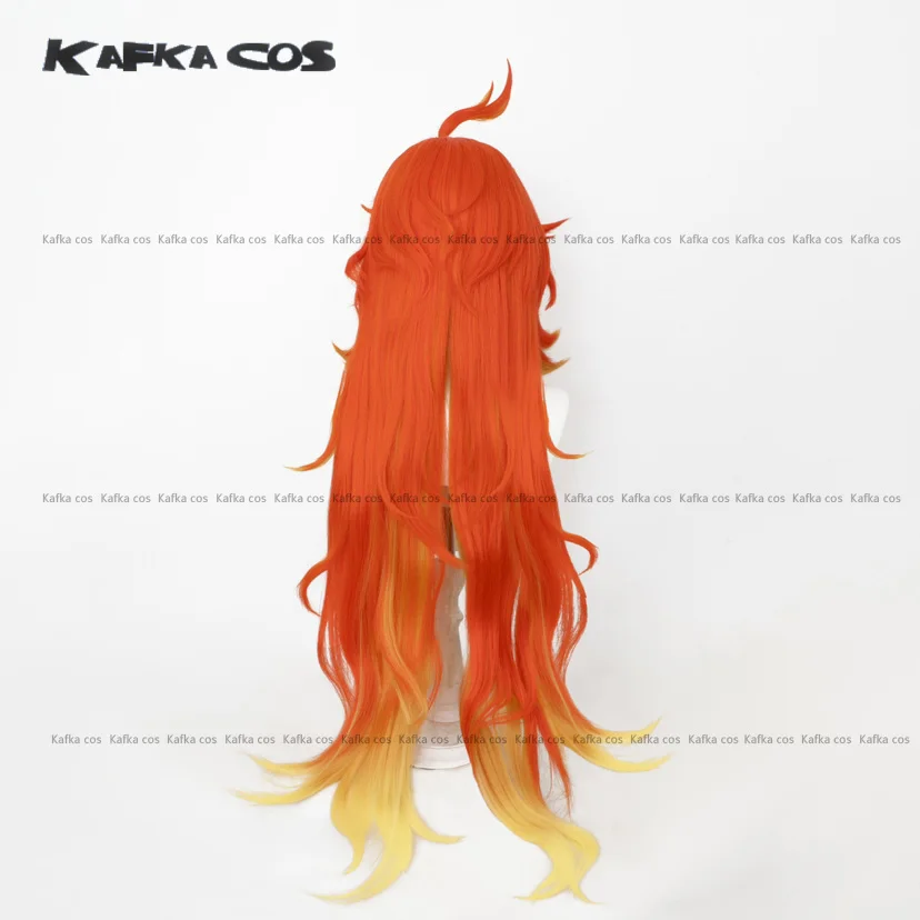 Wig kacamata hitam Cosplay Game Genshin Impact maveika 110cm Wig merah kuning panjang rambut sintetis tahan panas untuk Halloween