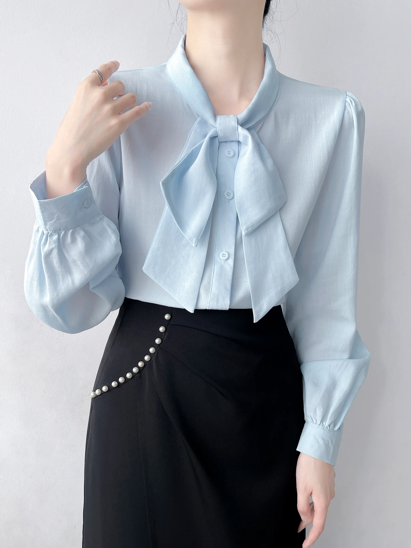 

Blue Long Sleeve Knot Shirt Women's Commute Fashion Korean Style Loose Fit Breathable Comfortable Spring Shirt