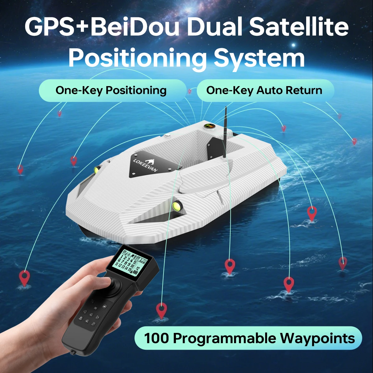 Barco Cebador con GPS LOKEEVAN D50E, 15600*2 mAh, 12V, GPS+Beidou, Doble Posicionamiento, con Sonda, Detección de Profundidad y Temperatura del Agua, Tres Modos de Velocidad, Control Remoto Inalámbrico 2.4G, 360° ° Barco Cebador de Pesca con Joystick Direccional y Velocidad de Navegación de 1.7 m/s