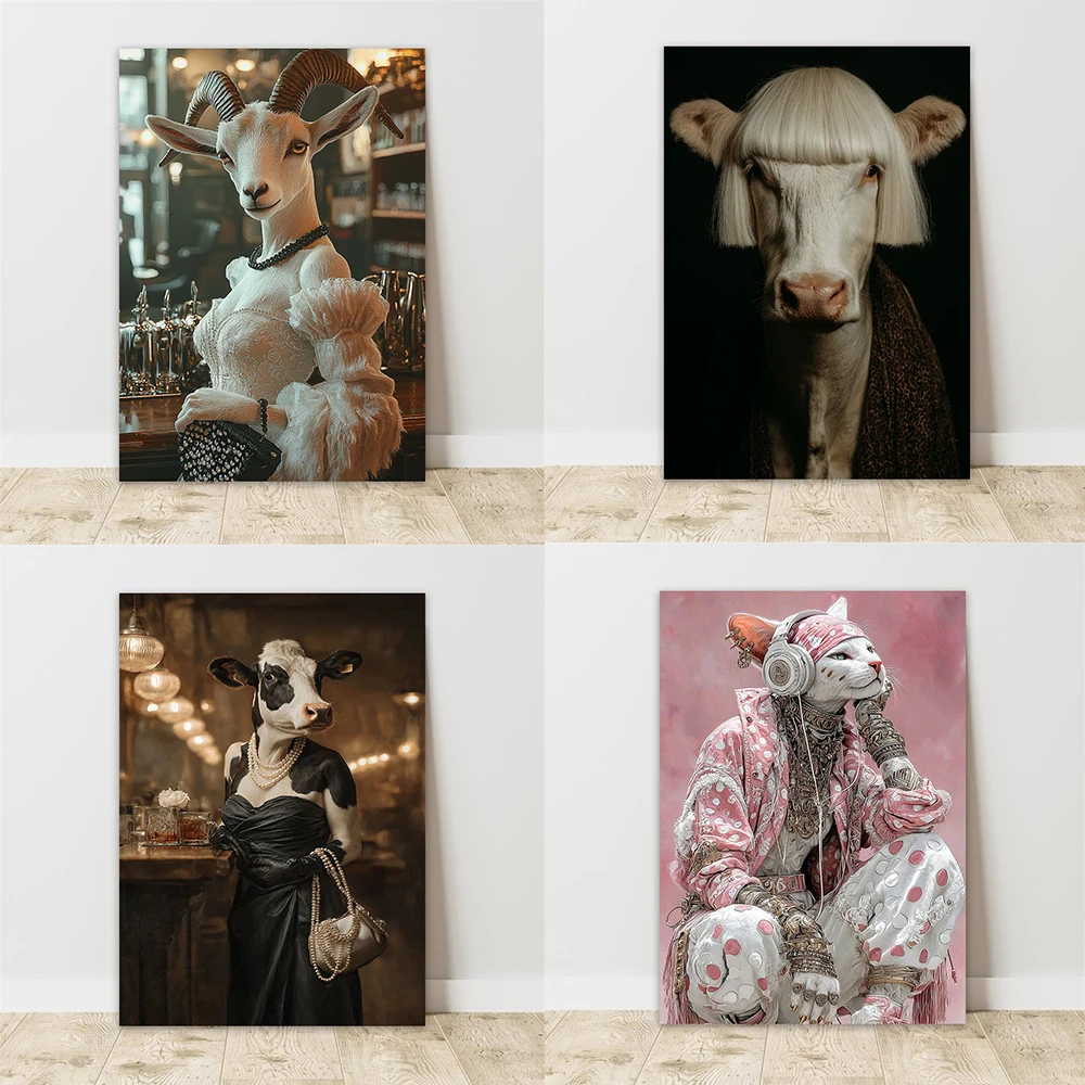 Elegant Sheep Lady Cow Lady Poster Flower Art Colorful Animal Cow Print Poster Modern Pink Cat with Headphone Canvas Painting