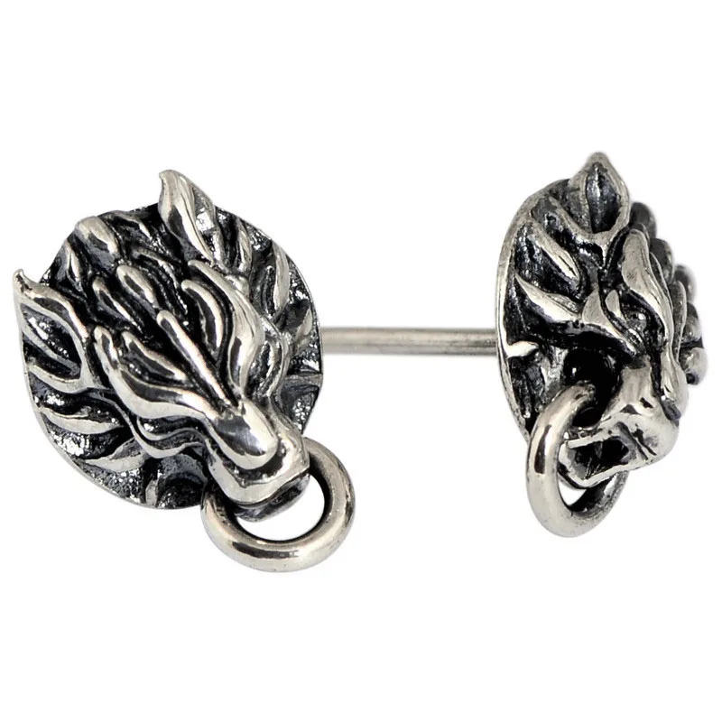

Solid S925 Silver Earrings Men's wolf Head Stud Earrings Stamp S925