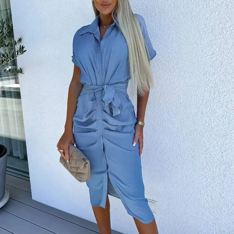 

2026 Spring/Summer Casual Solid Color Turn-down Collar Batwing Sleeve Waist-Cinching Pleated Shirt Dress For Women