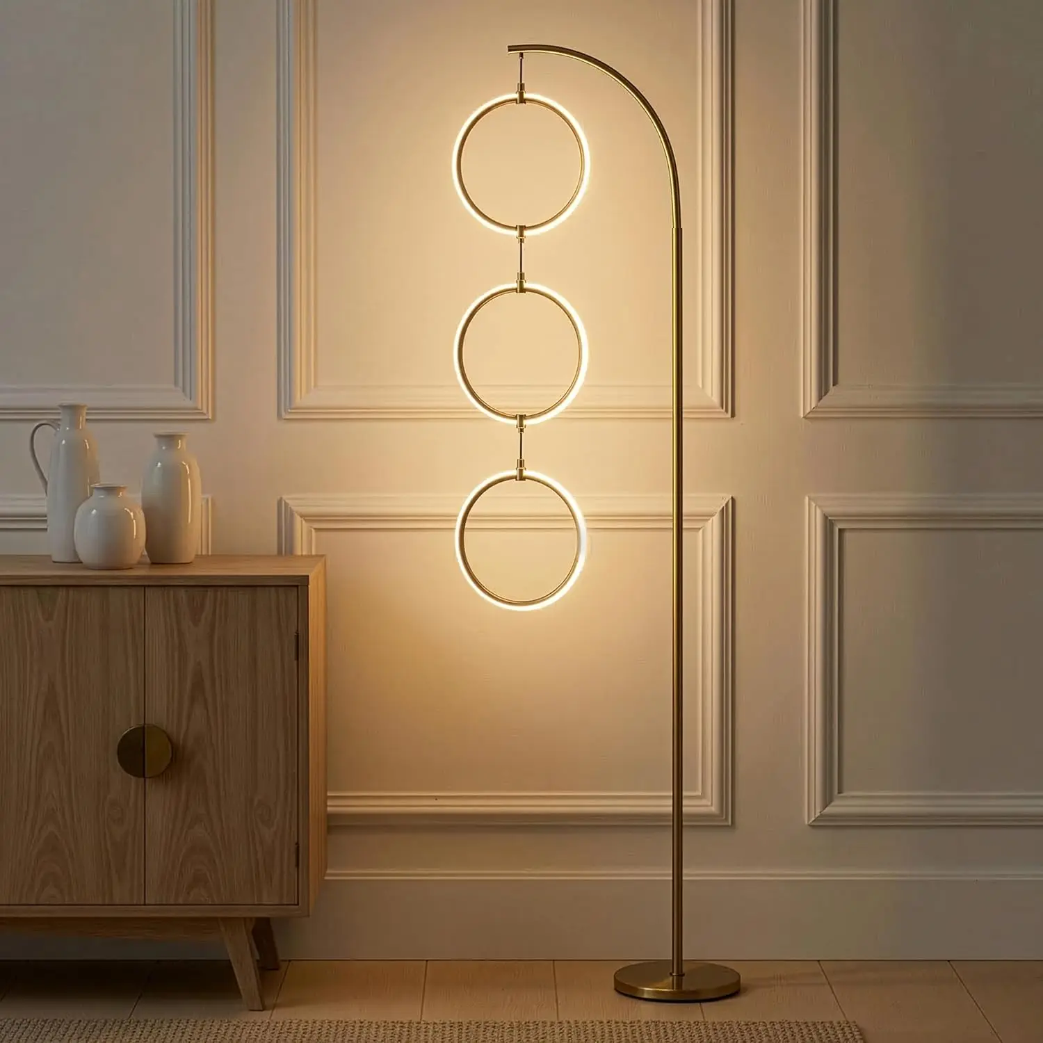 Industrial 3-Light LED Floor Lamp with Built-in 3-Way Dimmer, 74 in. Antique Brass for Living Room