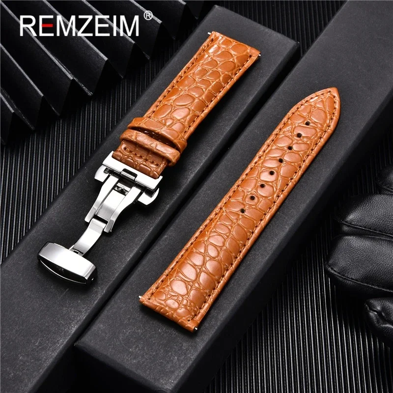 REMZEIM 18mm 20mm 22mm 24mm Calfskin Genuine Leather Watch Band with Solid Automatic Butterfly Buckle Business Watchband