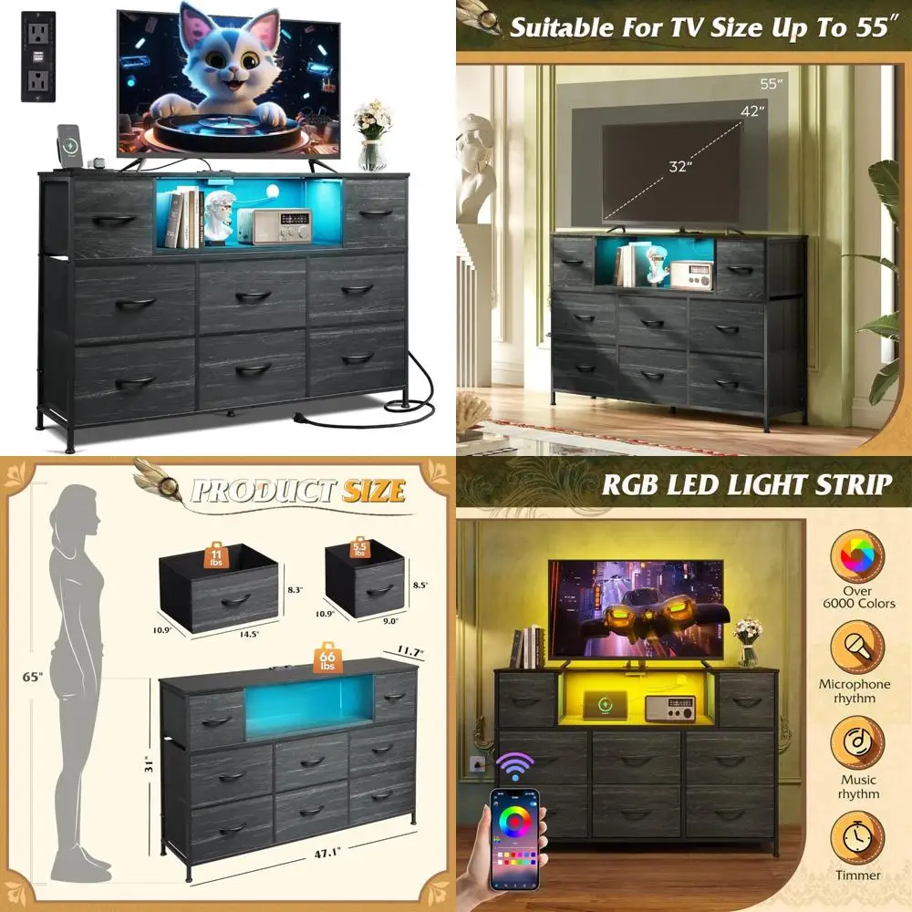 مركز ترفيه لأجهزة التلفاز مقاس 45-55 بوصة مع أضواء LED ومحطة شحن