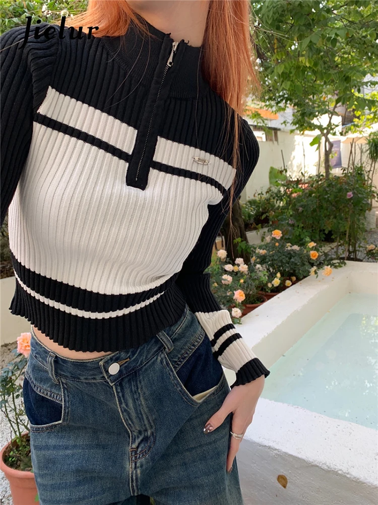 

Jielur Spring Korean Style Short Knitted Top Long-sleeved Slim Sweaters Zipper Women Fashion Pullovers Elegant Knit Tee Shirt