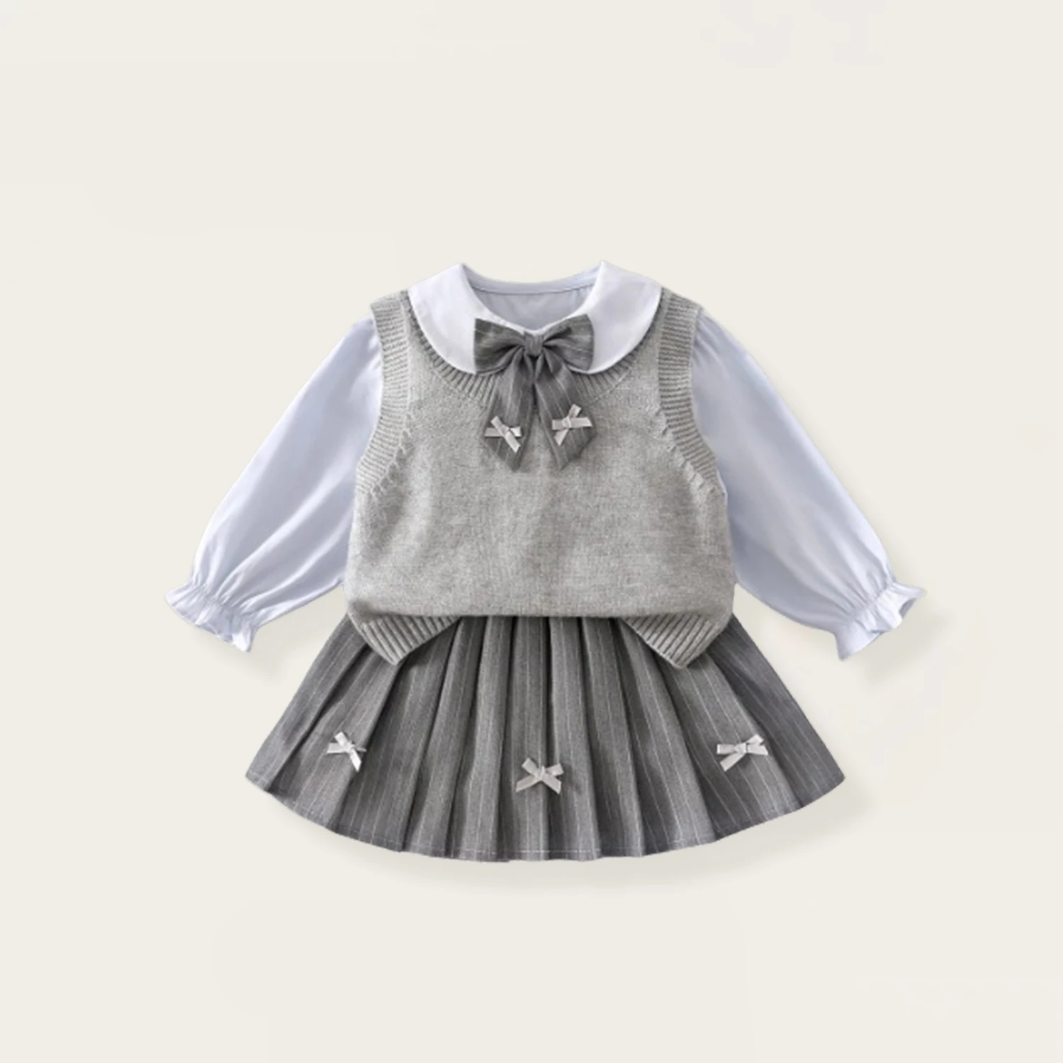 Girls' Bow Academy Autumn Collection Children's Shirt Princess Pleated Skirt Knitted Vest Set - Girls' Outfit Set