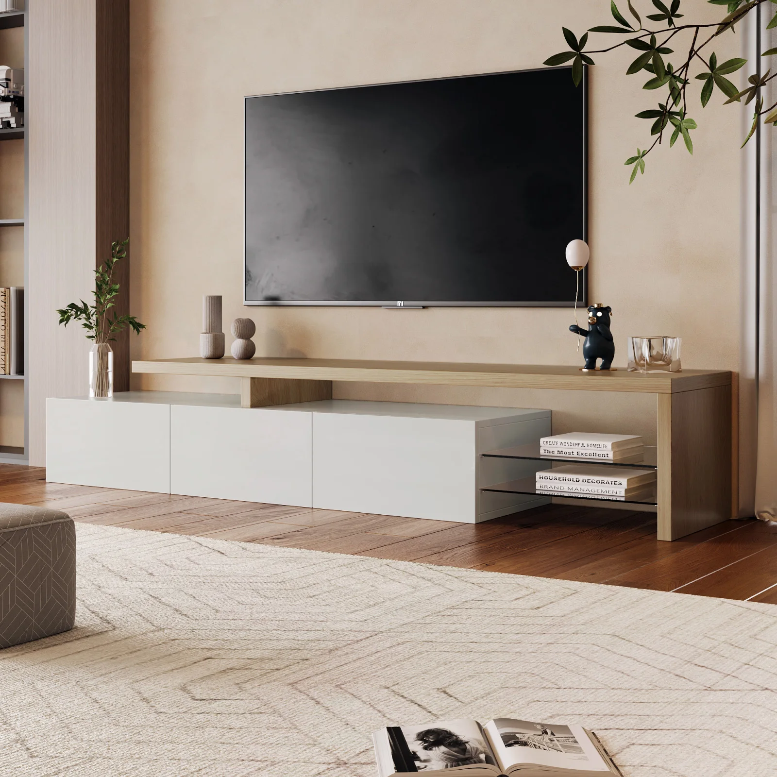Meuble TV moderne Fangange avec éclairage LED, support TV avec espace de rangement, étagères en verre, meuble TV pour téléviseurs de 55/60/65 pouces