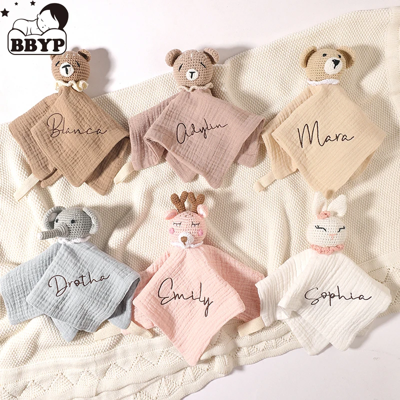 Personalized name Baby Soother Appease Towel Bib Crochet Rabbit Bear Doudou Sleeping Doll Infant Soft Comfort Bib Towel Ring for
