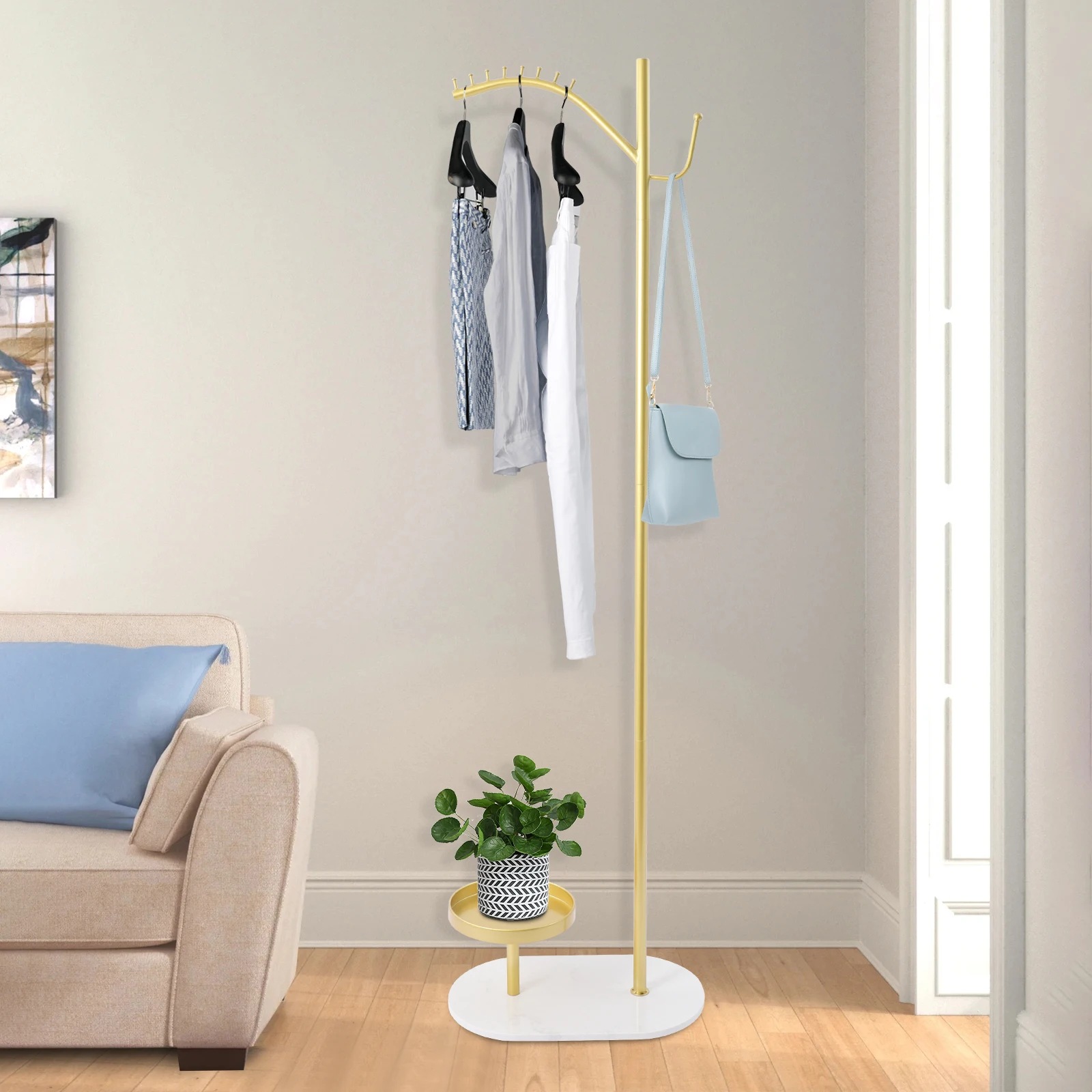 

Free Standing Clothes Rack with Marble Base Metal Marble Gold and White Modern Style180cm Height for Hanging Clothes