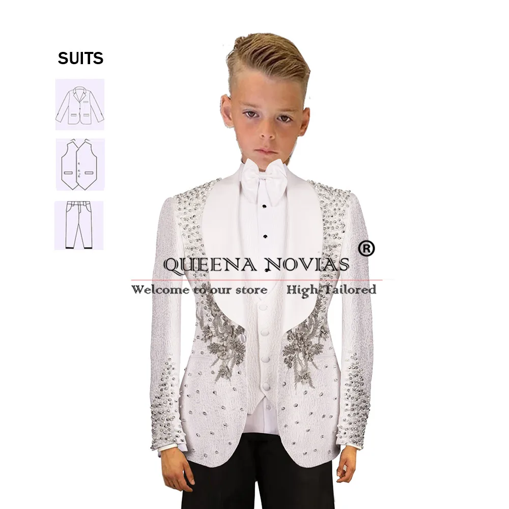 

Boy's Pearls Appliques Suits For Wedding Luxury Tailored Kids Clothing Formal Party Children 3 Pieces Tuxedos Trajes Para Niños