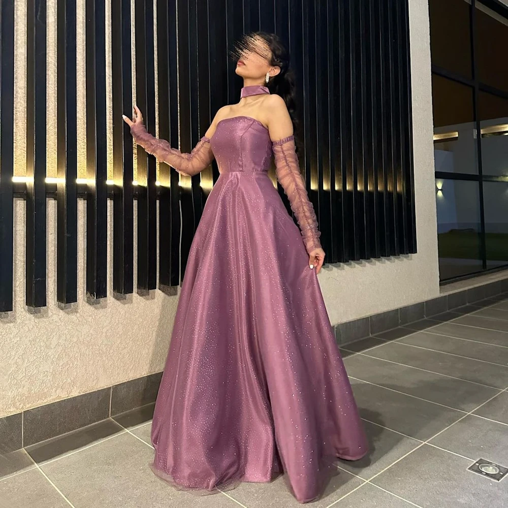 

ROSELLA Purple Satin Evening Dresses With Gloves Elegant High Neck Prom Gowns Floor Length Formal Occasion Dress Vestidos