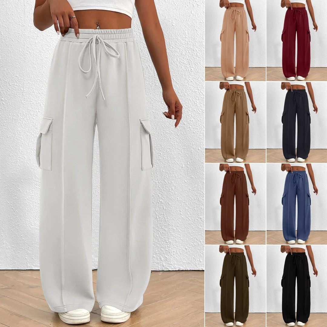 Pantalones Cargo Y2K para mujer, moda informal, cintura alta, pantalones con bolsillos grandes, pantalones de chándal lisos con cordón, Pantalones rectos sueltos, ropa de calle