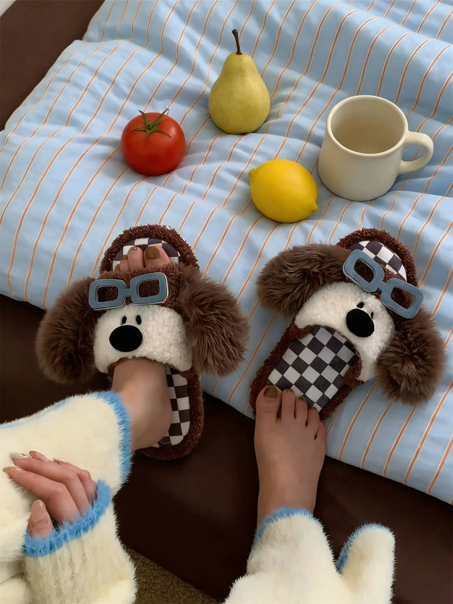 2026 Autumn Winter Couple Furry Slippers Funny Dog With Glasses Print Non Slip Indoor One Band Cotton Slides Ins Style Men Women view 4