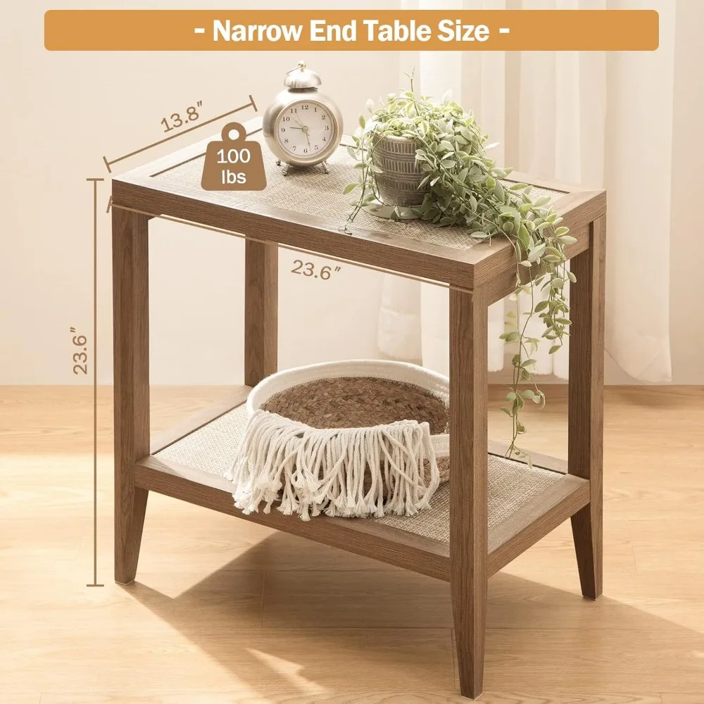 SICOTAS Boho  - Farmhouse Narrow End Table for Living Room - Accent Side Table with 2 Rattan Open Storage Shelves for Bedroom