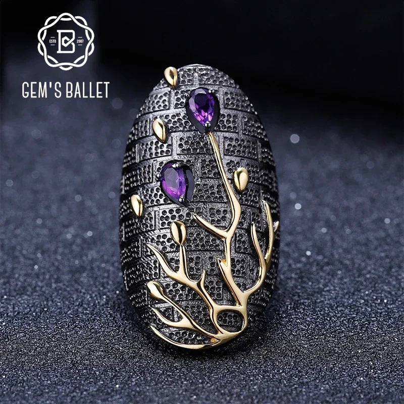 GEM'S BALLET 0.39Ct Natural Amethyst Gemstones Finger Ring 925 Sterling Silver Original Handmade Branch Rings for Women Bijoux